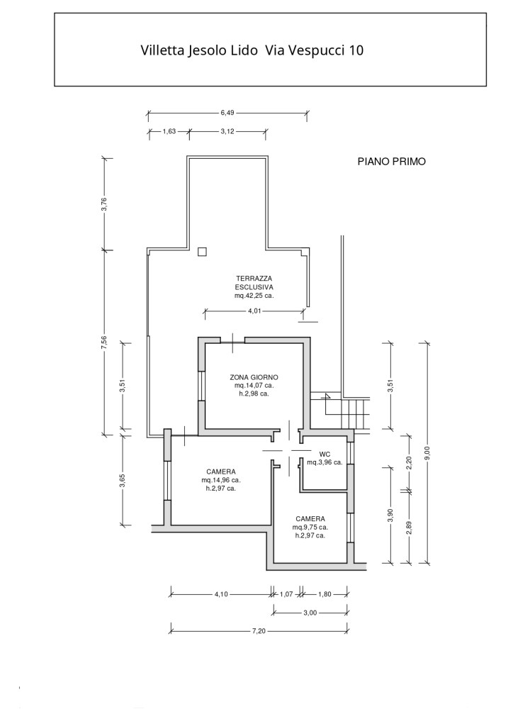 Floor plan of a villa with labeled areas including two bedrooms, a living area, a kitchen, and an exclusive terrace.