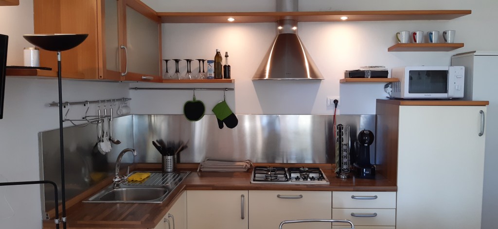 Cucina moderna con piano cottura a induzione, lavello in acciaio, e forno a microonde, dotata di utensili da cucina e piatti.