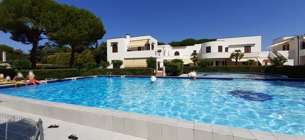 A view of a swimming pool surrounded by greenery, located within a residential complex featuring white villas.