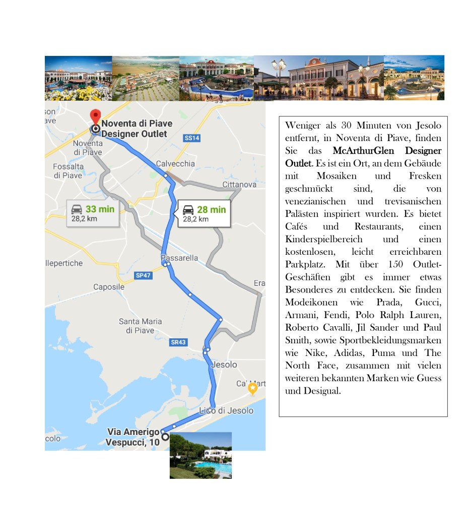 Karte mit Wegbeschreibung vom Wasserpark Caribe Bay zur Residenz Alla Vigna, die in der Nähe des Noventa di Piave Designer Outlet liegt.